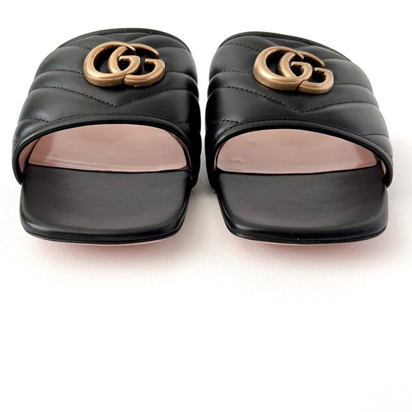GUCCI | Marmont GG Jolie Matelasse Quilted Black Leather Low Heel Slides Sandals - Picture 5 of 14